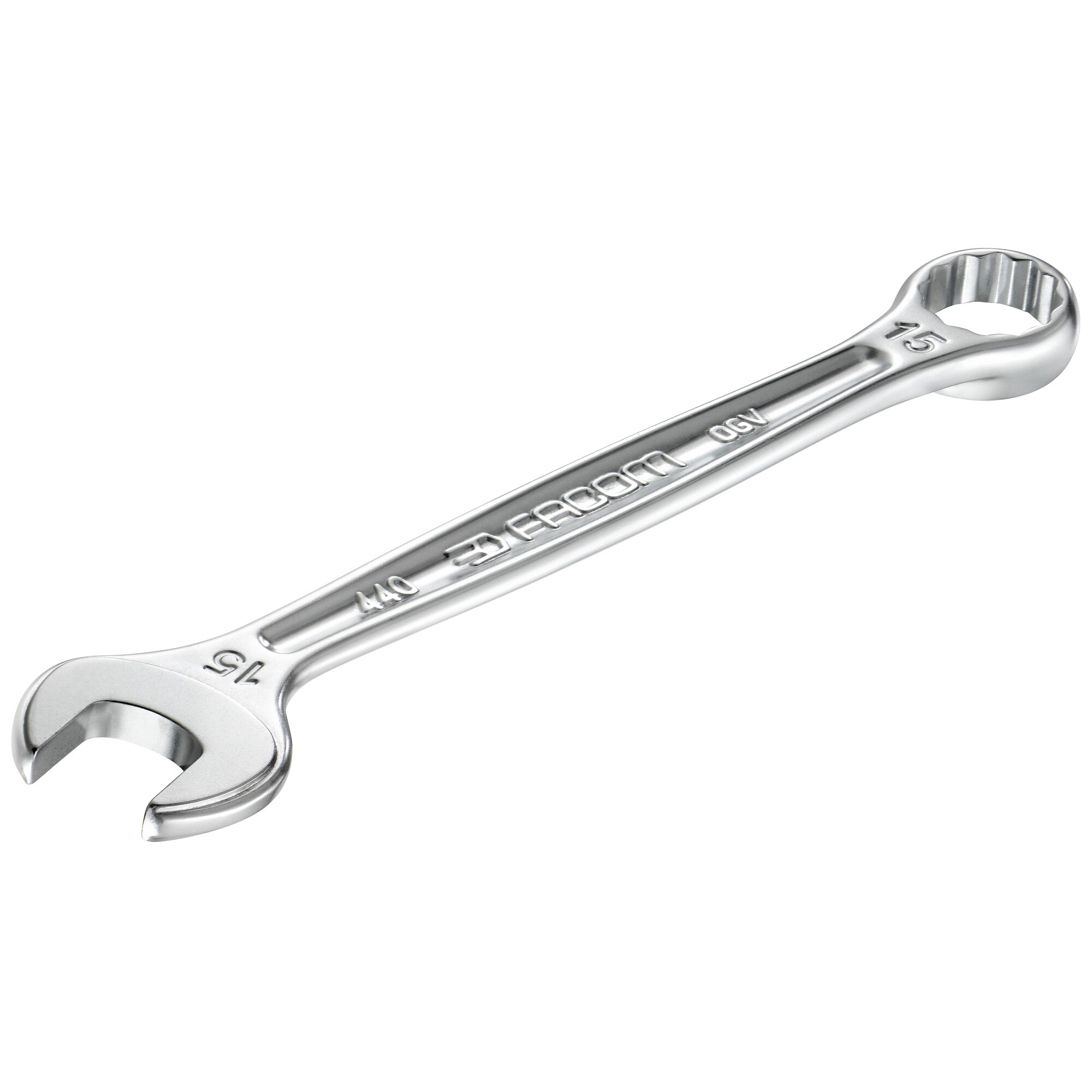 Facom 440_13 combination wrench, silver, photography on white background, angled view.
